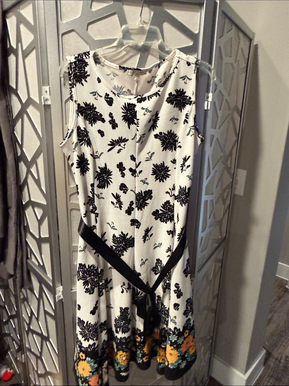 Haani White Sleeveless Midi Dress with Black Floral Print and Yellow Hem Flowers